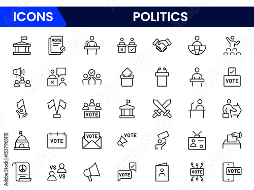 Bold vector web line icons depicting politics, elections, governance, campaigns, and civic engagement for democratic processes and leadership.