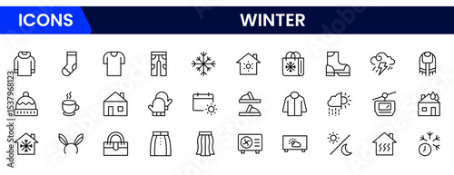 Chilly vector web line icons depicting winter, snowflakes, ice, scarves, and cozy seasonal elements for frosty adventures and warmth.