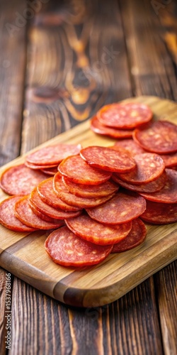 Thinly sliced pepperoni on a wooden cutting board