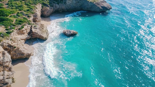 Aerial View of Serene Beach with Turquoise Water and Rocky Coastline