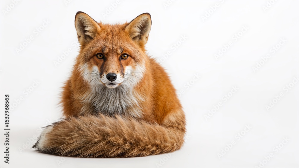 Obraz premium A red fox rests calmly, its bushy tail curled beneath it, against a plain white background.