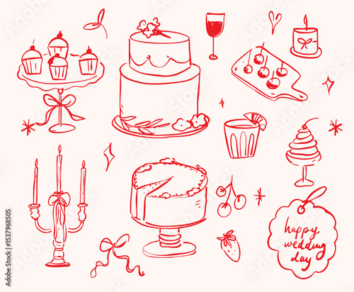 Quirky minimalist hand drawn wedding dolce vita doodle clipart collection