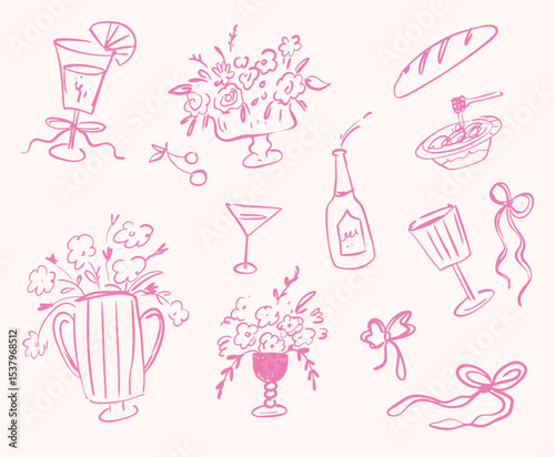 Quirky minimalist hand drawn wedding dolce vita doodle clipart collection
