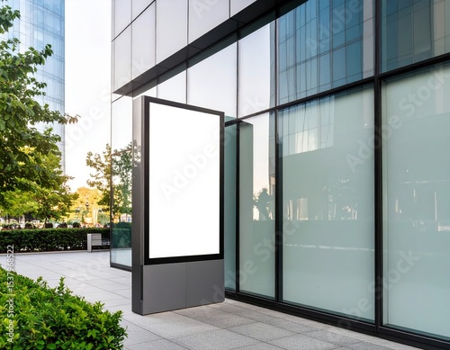 Modern blank billboard stands before a glass facade surrounded by greenery