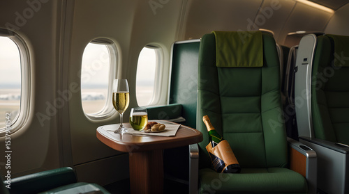  An inviting view shows a green champagne bottle and a filled glass of champagne on a seat inside an airplane cabin. The composition invites relaxation with a soft focus and a selective depth of. AI..