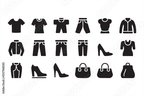 Minimalist women’s clothing and accessories – black vector glyphs of heels, bags, tops, and fashion items