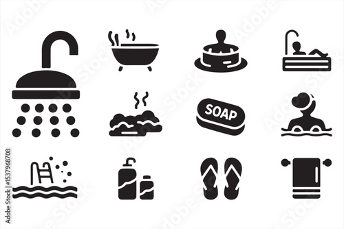 Modern bath and spa icon set – bold black vector pack of hygiene and wellness symbols