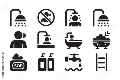 Minimalist spa and bathing icon collection – black glyph style of hygiene essentials