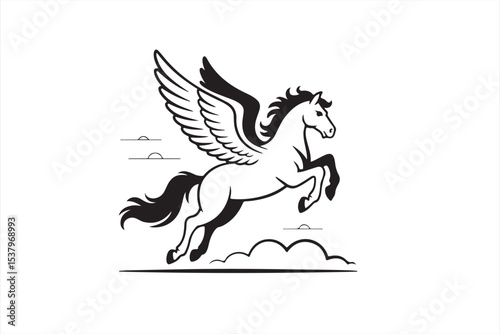 Flying Pegasus outline illustration – minimal mythological horse with wings in motion
