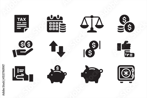 Global finance glyph icon set – mobile banking, cryptocurrency, tax, and savings vector illustrations photo