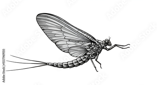 Elegant Mayfly: Detailed Monochrome Insect Illustration