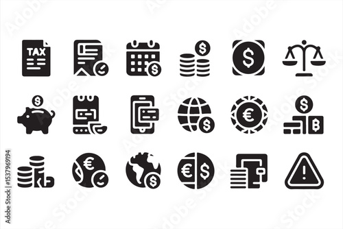 Minimal finance glyph icons – tax, balance, and dollar symbol vector set