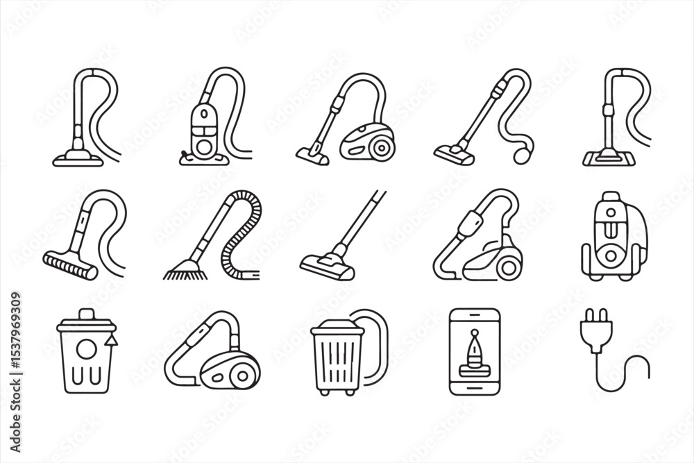Obraz premium Line-style vacuum cleaner icon set – minimalist cleaning tools and dustbins