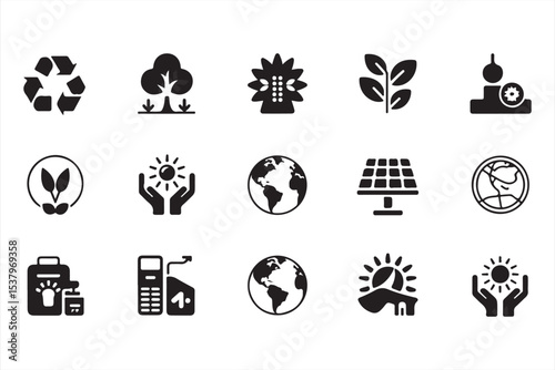 Mixed outline and solid flat icons showing green leaf certifications, recycling, CE safety labels, eco packaging, and nature-focused product labeling symbols