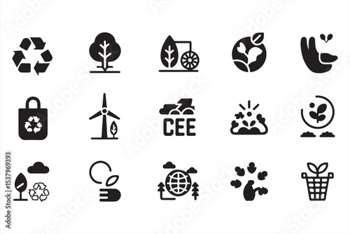 Solid black eco labeling icons showing recycling symbols, CE certification, biodegradable packaging, leaf logos, and green product compliance tags