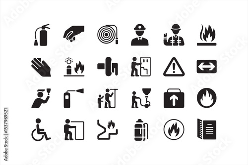 Black vector icons of fire and hazard safety for workplace and public emergency signage
