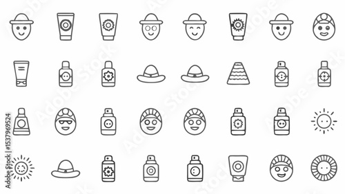 Collection of summer themed icons including sun hats sunscreen and sun icons in a simple outlined style