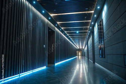 Long, empty hospital corridor with a modern design and light from the entrance