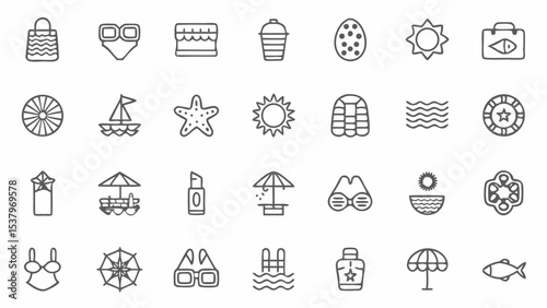 Illustration of various summer themed icons including beach bag, starfish, and swimming pool, in outline style