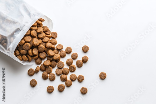 Dry Pet Food Spills from a Bag onto White Background Clean Pet Food Kibble Texture