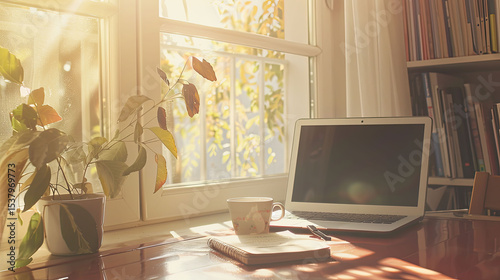 Cozy home workspace with laptop, notebook, cup of coffee and large window with daylight