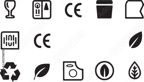 A clean cohesive collection of environmental vector icons featuring trees, solar panels, global care, leaf signs, recycling, and green energy for sustainability designs
