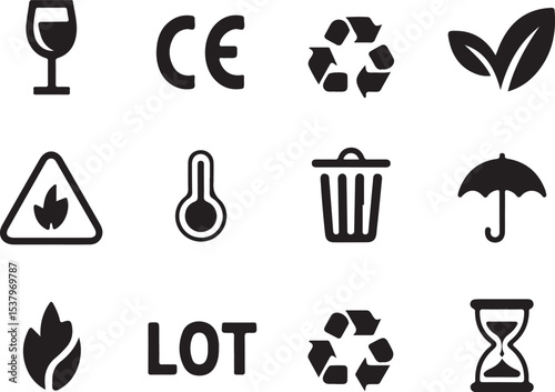 Minimalist environmental solid icons including reusable bag, solar energy, recycling triangle, tree, windmill, and sun to represent sustainable living and green action