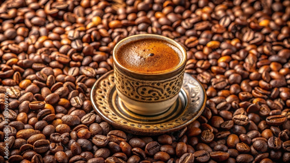 Fototapeta premium Aromatic coffee beans in a delicate cup surrounded by fine foam