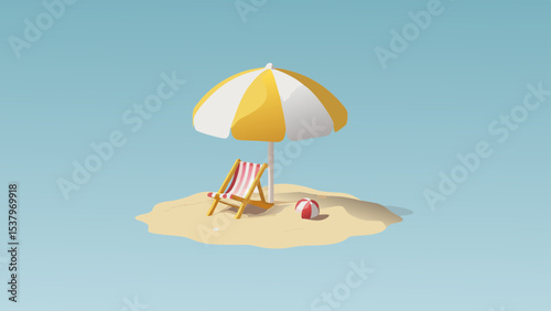 A small island with a beach chair, umbrella, and ball under a bright blue summer sky scene rendering