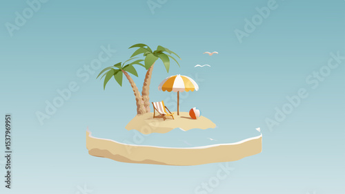 Cartoon tropical island scene with palm trees beach chair umbrella and beach ball under a light blue sky