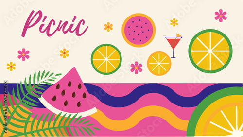 Illustration of picnic scene with watermelon, citrus fruits, cocktail, flowers and palm leaves decoratively arranged