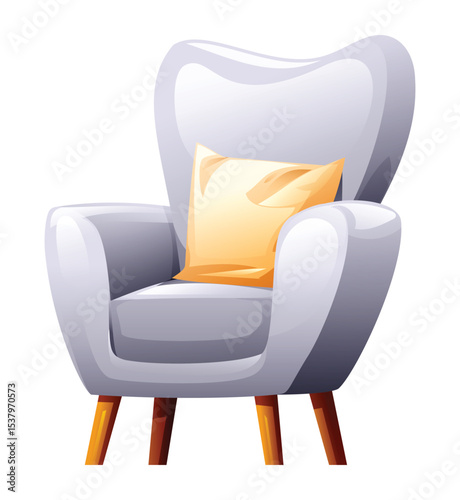 Cozy light gray armchair with a beige decorative pillow and wooden legs. Vector cartoon illustration