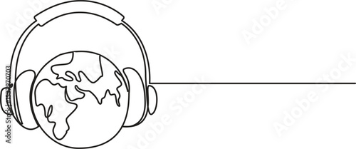Continuous line drawing of headphones with global. earth listening to musical headphone vector illustrations. The design concept of music and podcasts, audio, sound, DJ, earphones, and radio, Vector
