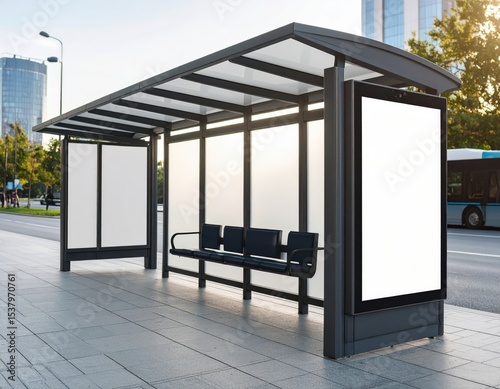 Modern bus stop with blank advertising panels and seating in urban setting