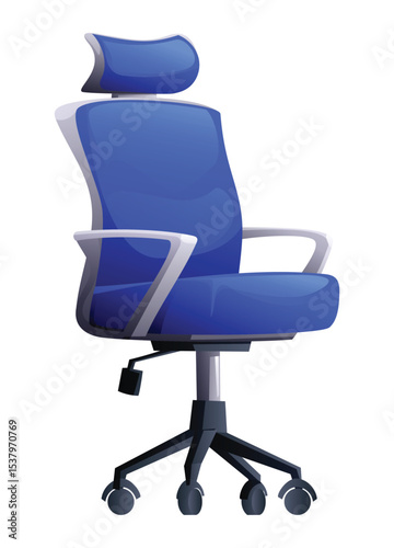 Ergonomic office chair with headrest and wheels, designed for comfort and productivity. Vector cartoon illustration