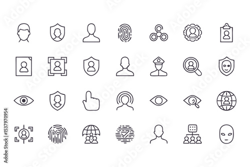 Set of privacy and data protection icons. vector line symbols for cybersecurity, user identification, secure access, and online privacy.