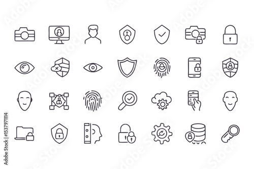 Set of privacy and data protection icons. vector line symbols for cybersecurity, user identification, secure access, and online privacy.