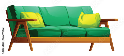 Mid-century modern green sofa with wooden frame and two pillows, ideal for a stylish home. Vector cartoon illustration