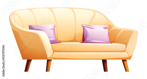 Beige loveseat with two purple pillows and wooden legs, offering a romantic and cozy seating option. Vector cartoon illustration