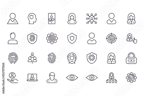 Set of privacy and data protection icons. vector line symbols for cybersecurity, user identification, secure access, and online privacy.