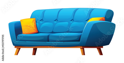 Blue sofa with tufted back, orange pillows, and wooden legs, providing a vibrant seating area. Vector cartoon illustration
