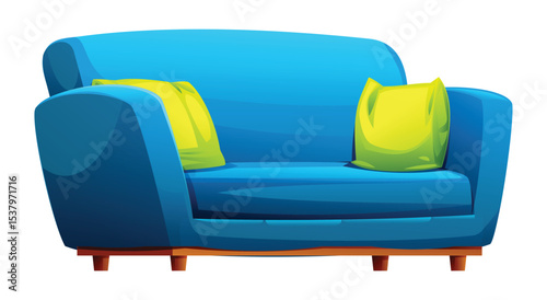 Blue sofa with two bright green pillows and wooden base, creating a modern look. Vector cartoon illustration