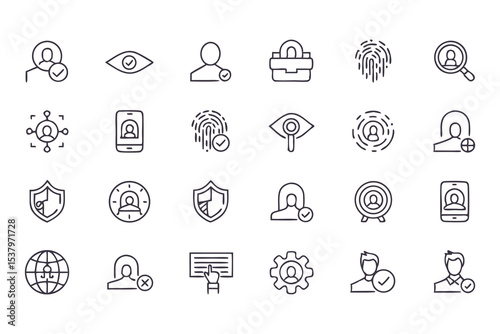 Set of privacy and data protection icons. vector line symbols for cybersecurity, user identification, secure access, and online privacy.