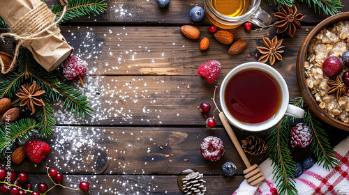 Flat lay of healthy breakfast with oatmeal, berries, honey, tea and fir twigs served on wooden table