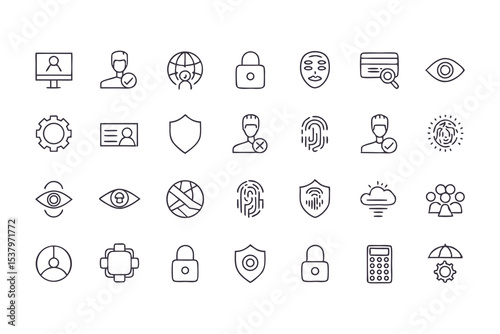 Set of privacy and data protection icons. vector line symbols for cybersecurity, user identification, secure access, and online privacy.