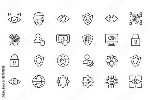 Set of privacy and data protection icons. vector line symbols for cybersecurity, user identification, secure access, and online privacy.