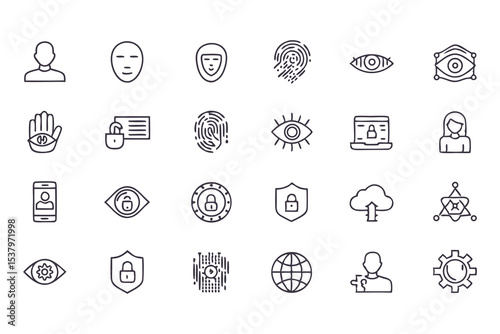 Set of privacy and data protection icons. vector line symbols for cybersecurity, user identification, secure access, and online privacy.