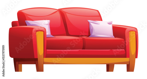 Red loveseat with two purple throw pillows and wooden arm details, adding a pop of color. Vector cartoon illustration