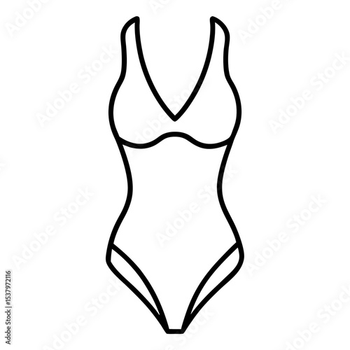 One-piece swimsuit line drawing for use in fashion catalogs, feminine branding, and travel-themed designs.