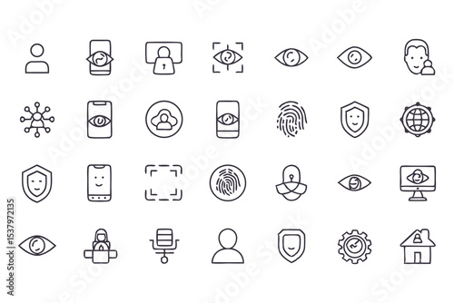 Set of privacy and data protection icons. vector line symbols for cybersecurity, user identification, secure access, and online privacy.